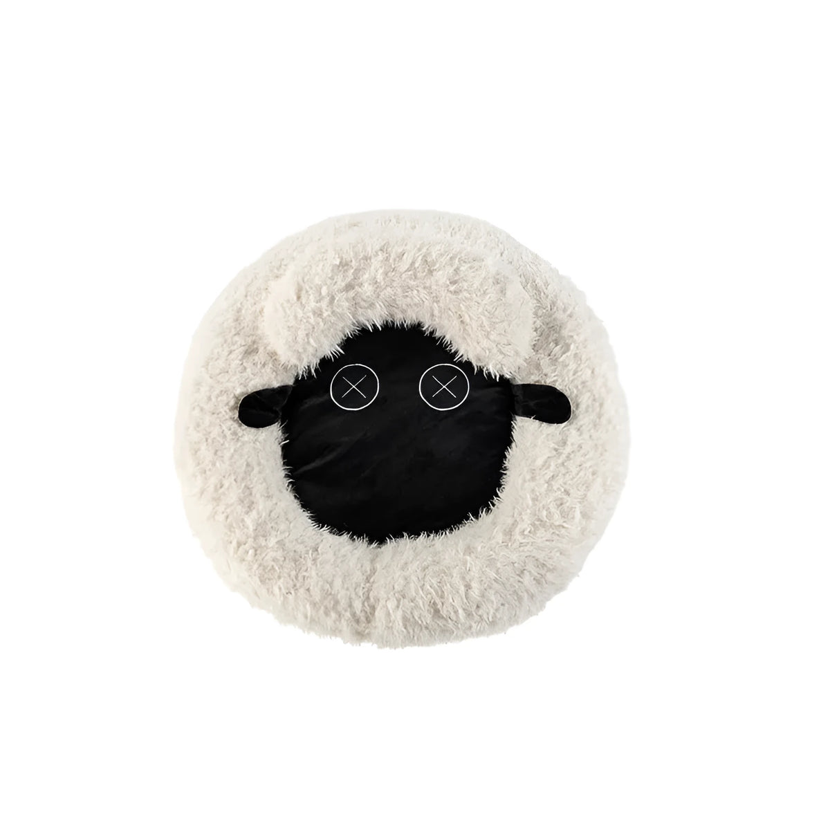 Round lamb fleece cat bed in winter warm plush design, machine washable, available in S M L