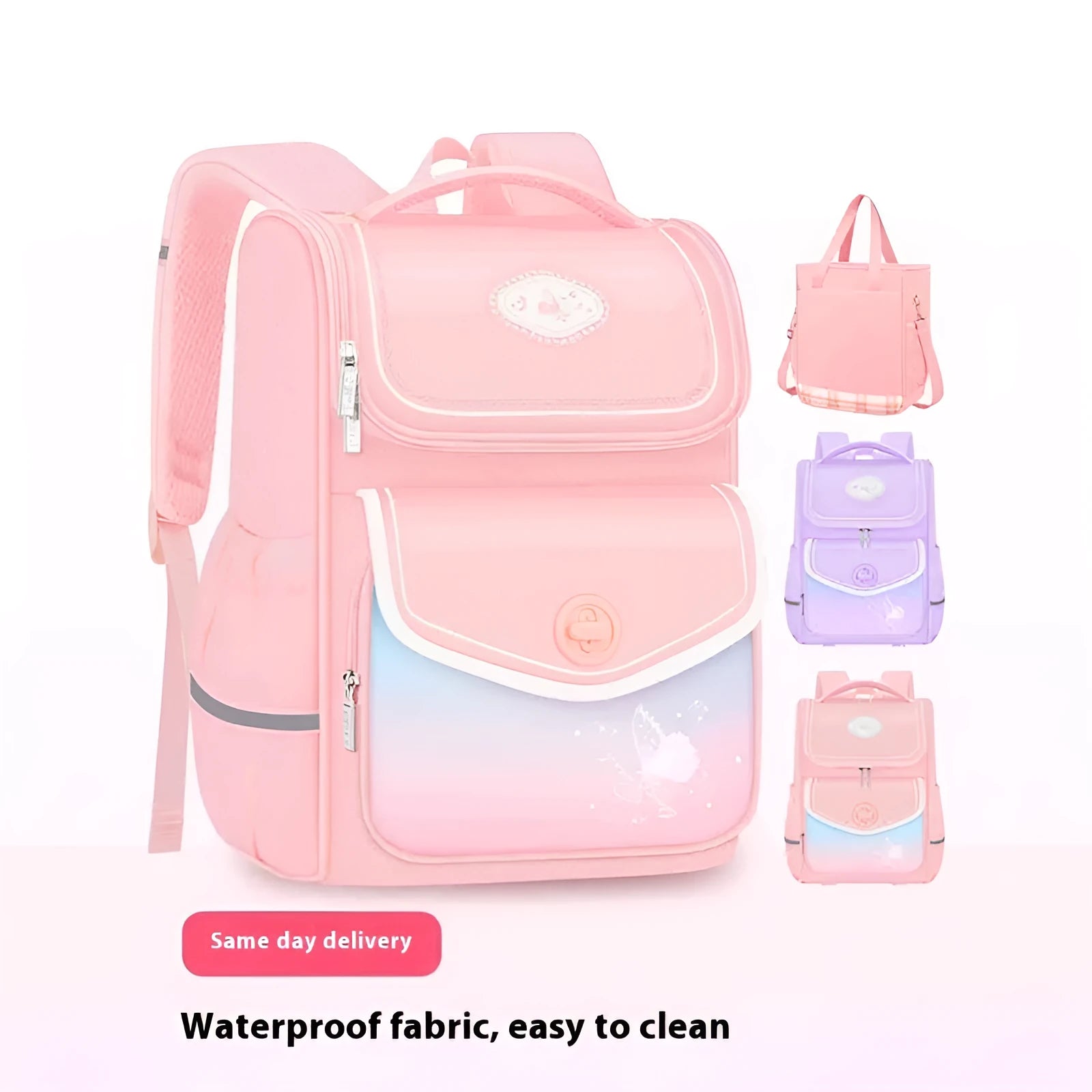 Pink, purple, and green waterproof Oxford cloth schoolbag for primary school girls in two sizes.