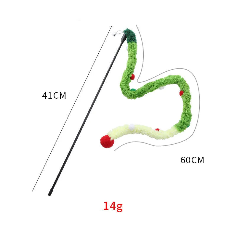 Cat wand toy with colourful fluffy ball and bell on 60cm plush strip attached to 41cm pole