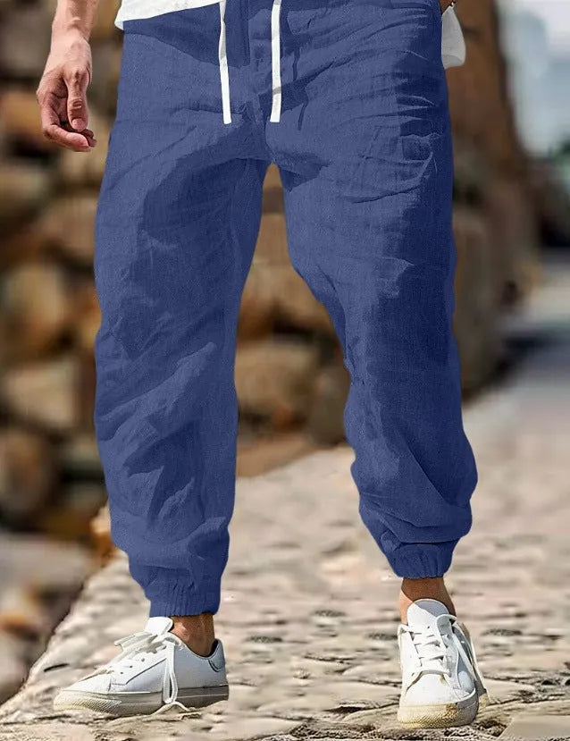 Men's straight-leg cotton trousers with elastic waistband in apricot colour