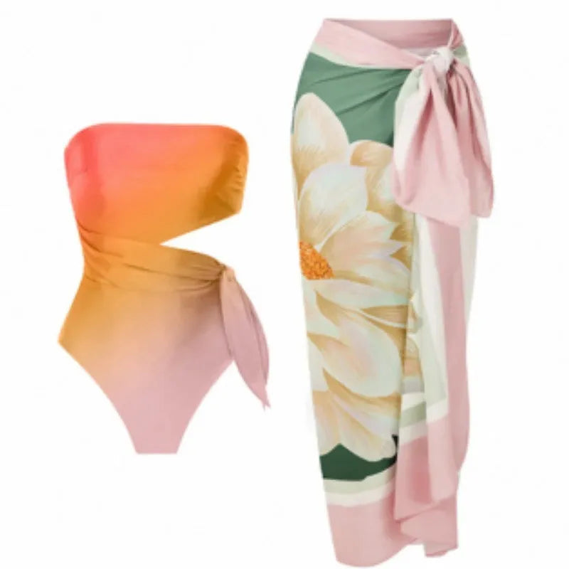 Women's French-style retro printed one-piece swimsuit with quick-drying polyester fabric
