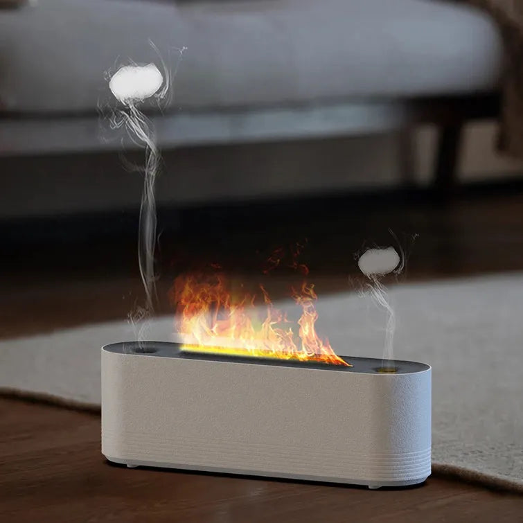 Black Flame Air ultrasonic humidifier and essential oil diffuser with coloured LED lights on a desk.