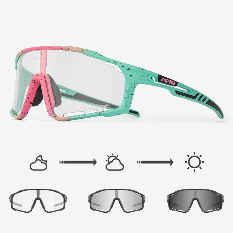 TR90 semi-rimless cycling goggles with a light-adaptive photochromic lens for outdoor sports.