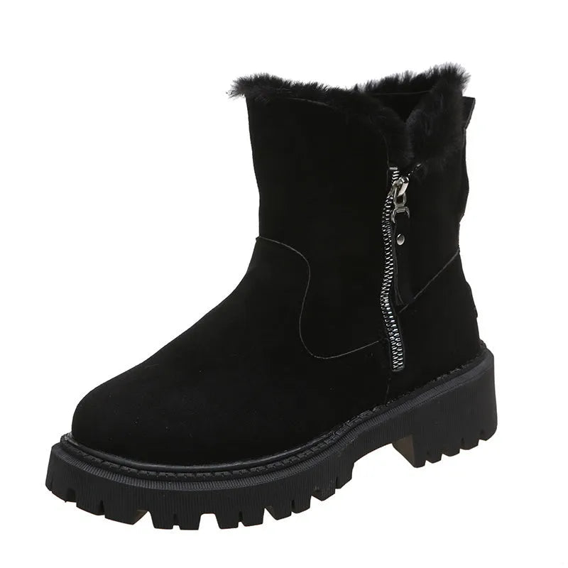 Women's black high-top faux suede snow boot with side zipper and non-slip sole.