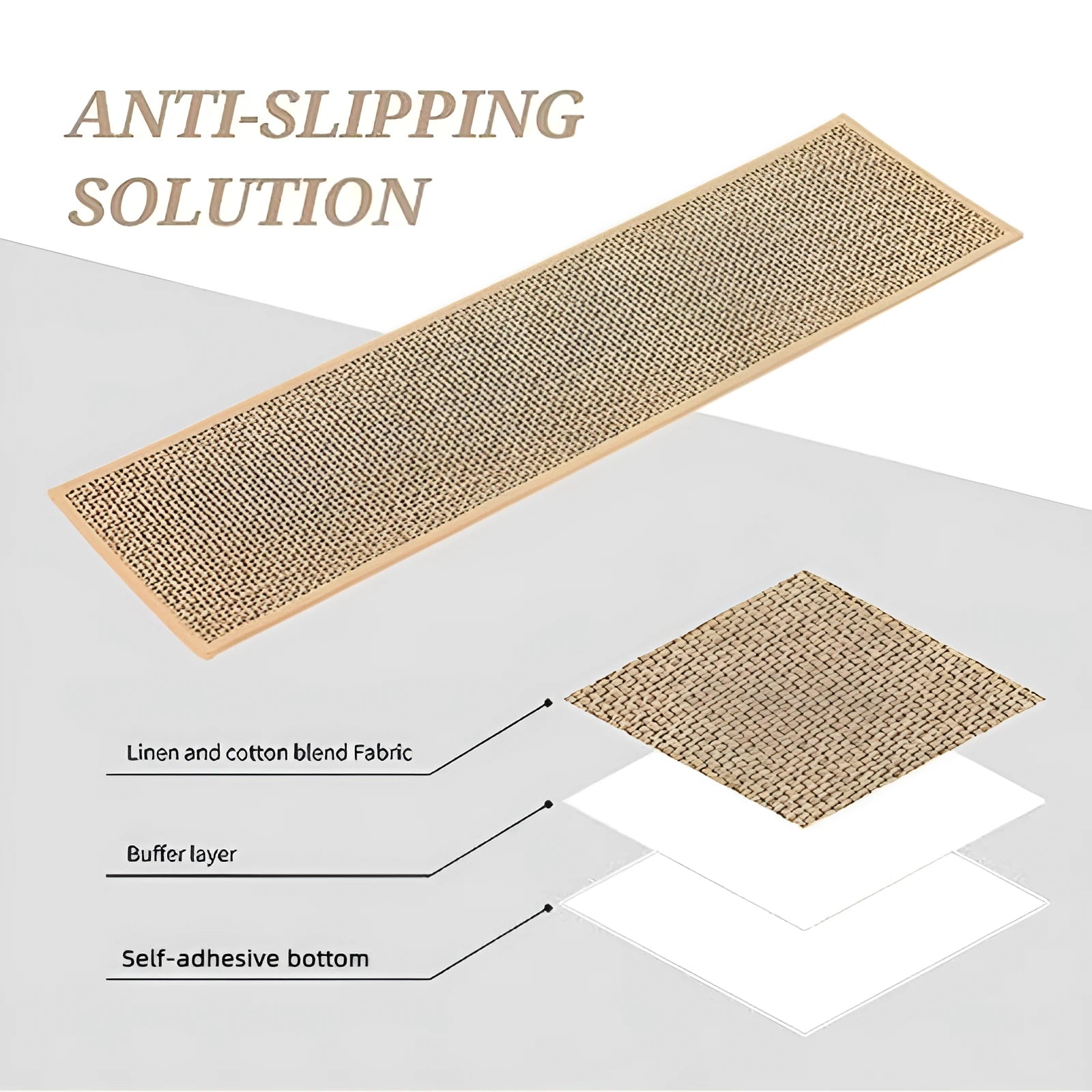 Japanese-style linen-like polyester stair mat on wooden steps in camel colour with rubber bottom