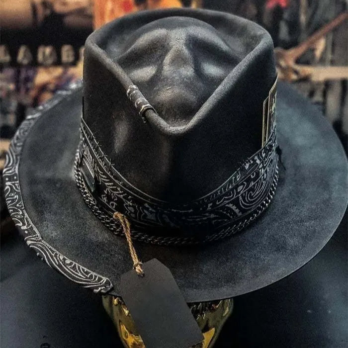 Wool felt conical crown hat with woven denim-inspired skull pattern, handmade Halloween accessory