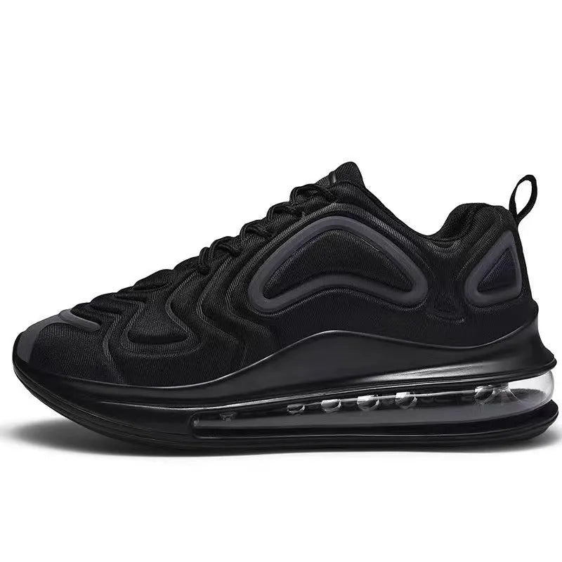 Men's black casual sneakers with artificial PU upper, thick plastic sole, and front lace-up design for outdoor sports.