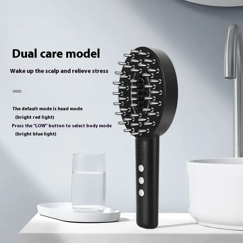 Black scalp medicine supplying device with vibration massage function for scalp soothing.