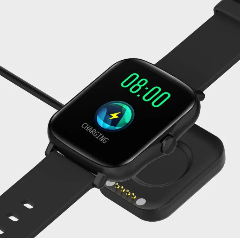 Blue smart watch with 1.7-inch touch screen showing fitness data on wrist
