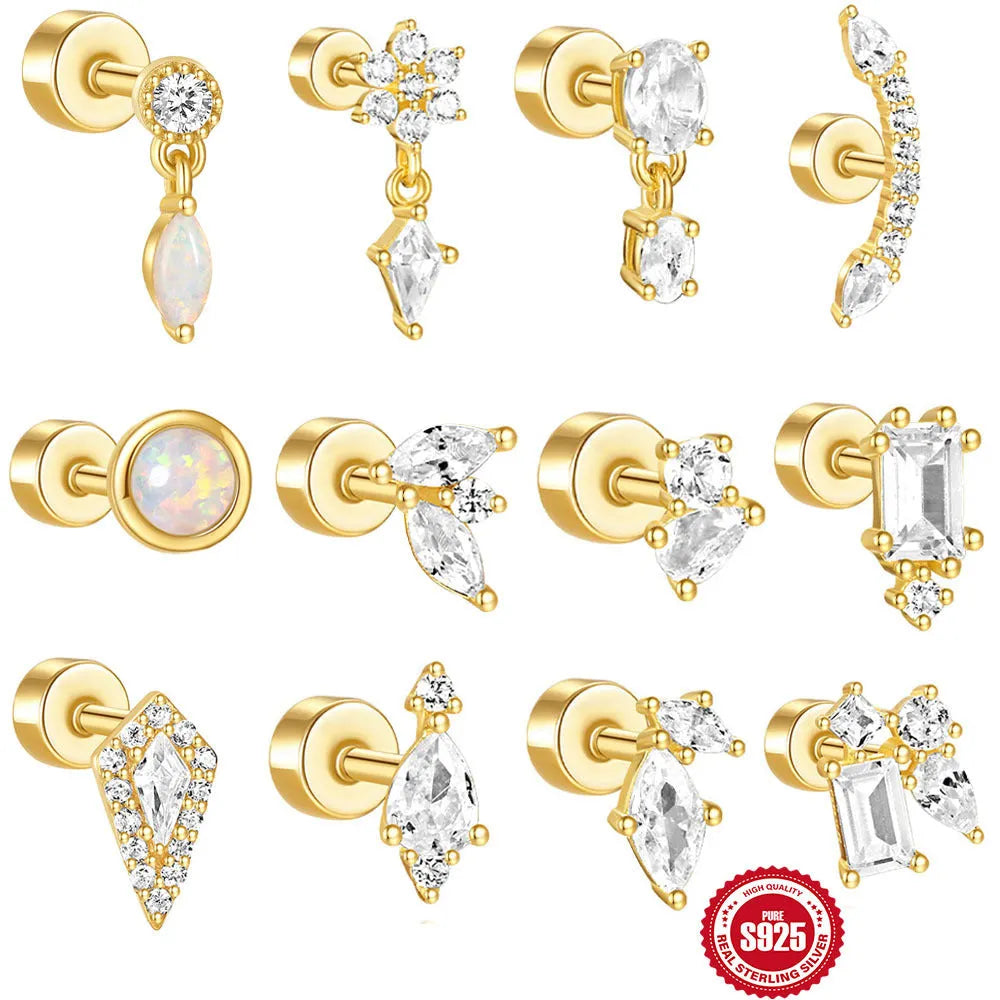 A pair of geometric S925 sterling silver ear bone studs with a flat column thread post, shown in a gold tone finish.