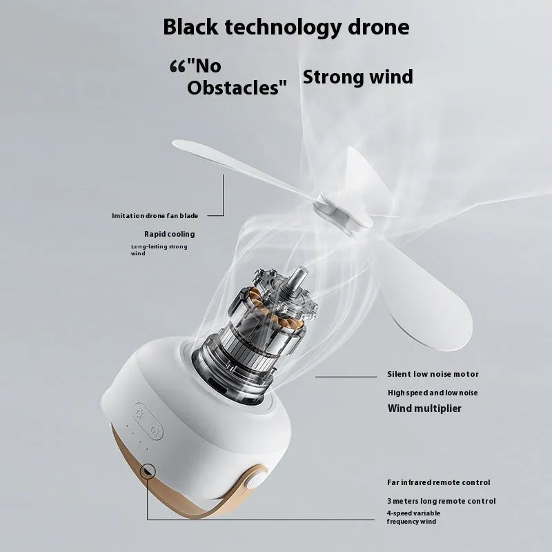 Rechargeable multifunctional ceiling fan with remote control for camping tents, includes night light and wire bracket.