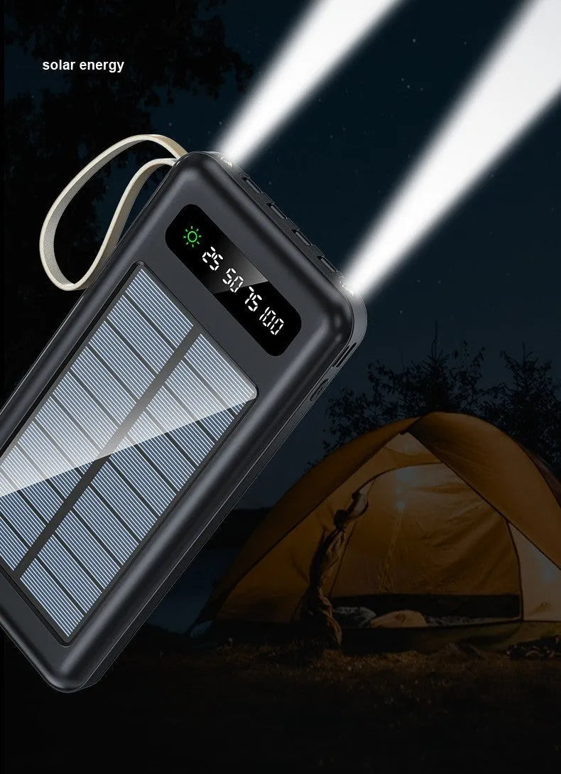 Solar power bank in black or white with integrated solar panel, showing compact 144mm x 68mm x 16mm dimensions.