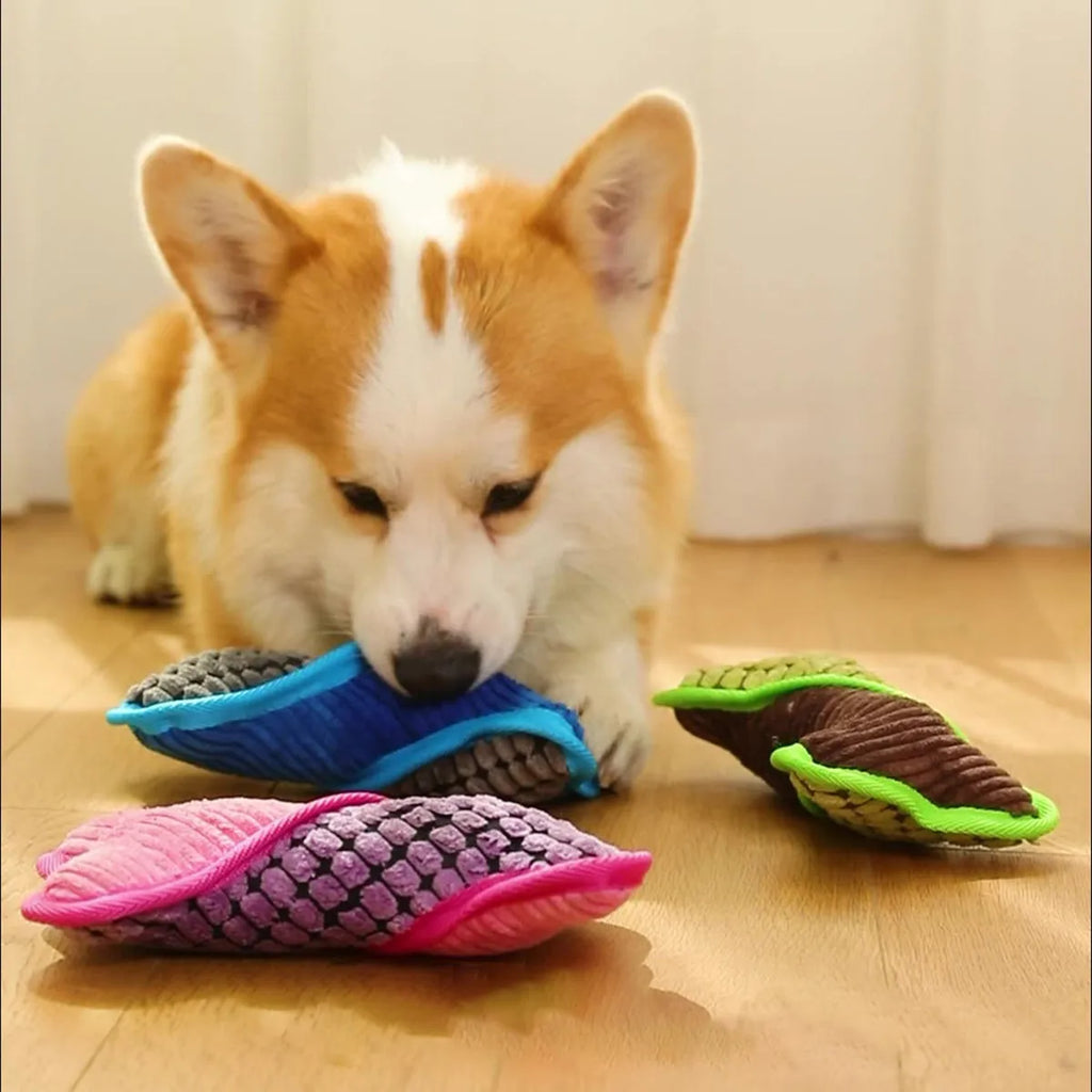 Blue bone-shaped teddy dog toy with squeaky ball inside and corn fleece lining