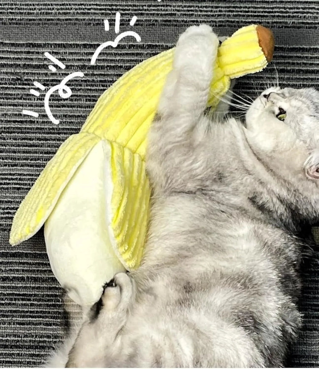 Yellow banana cat crinkle toy with plush fabric and velvet texture strip