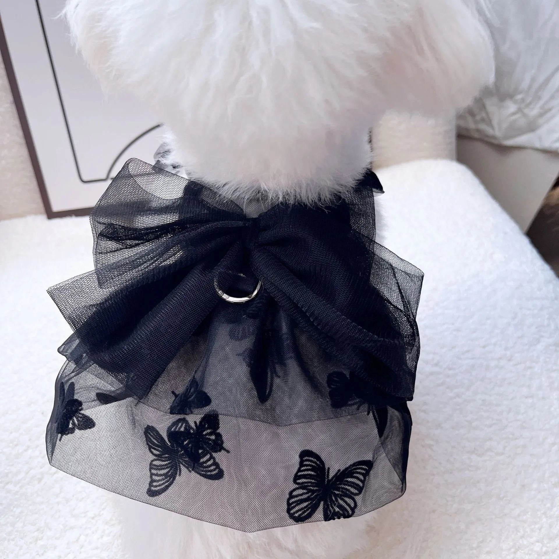Black polyester tulle princess skirt for small dogs or cats shown on size chart