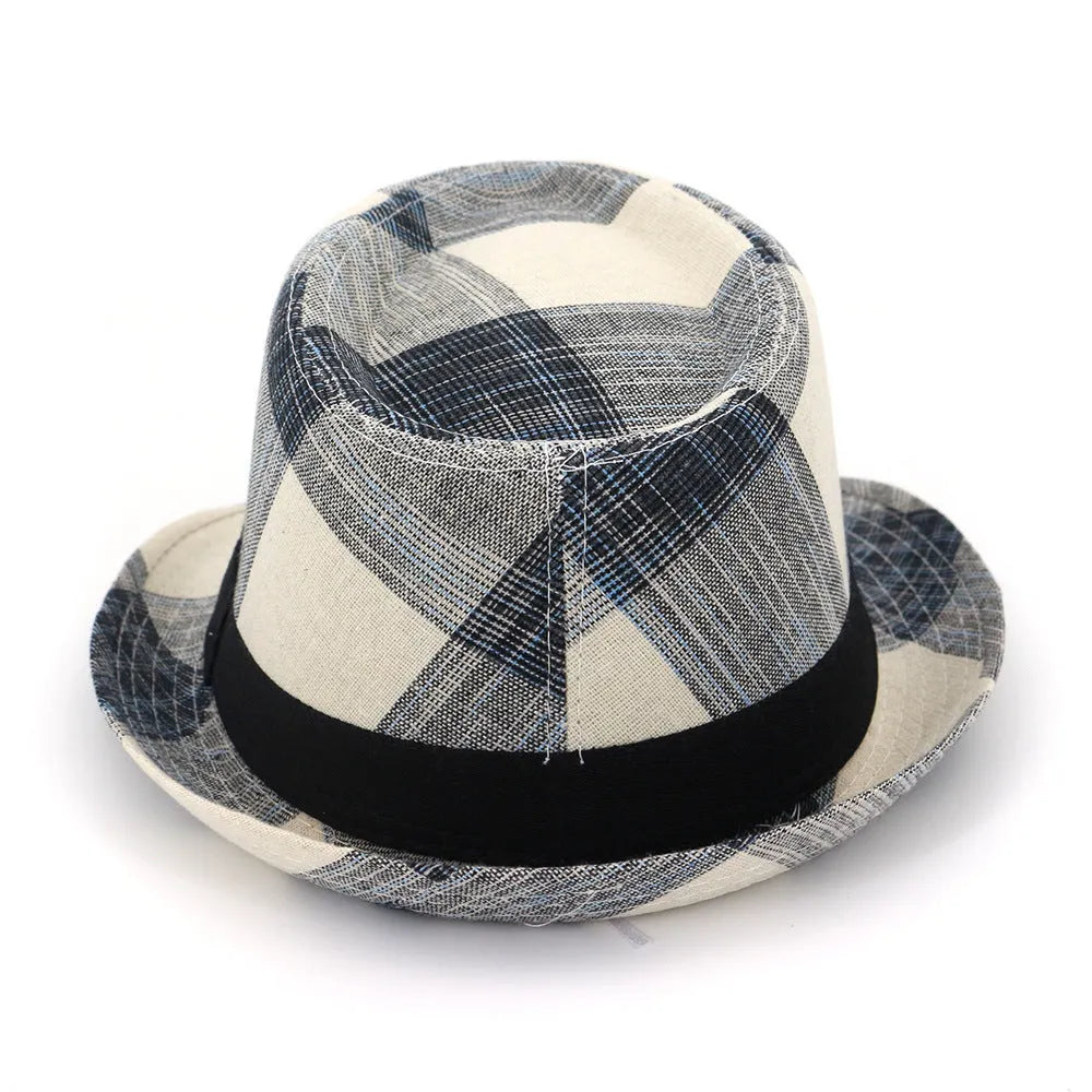 Blue and black polyester sun hat with bell crown and 4.5cm brim for outdoor sun protection.