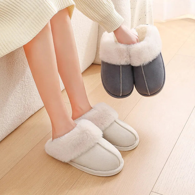 Women's winter plush indoor slippers in brown with anti-slip PVC sole and artificial wool insole