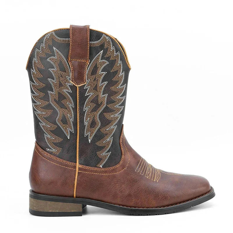 Men's black square toe Western motorcycle boots with embroidery and a mid-calf height.