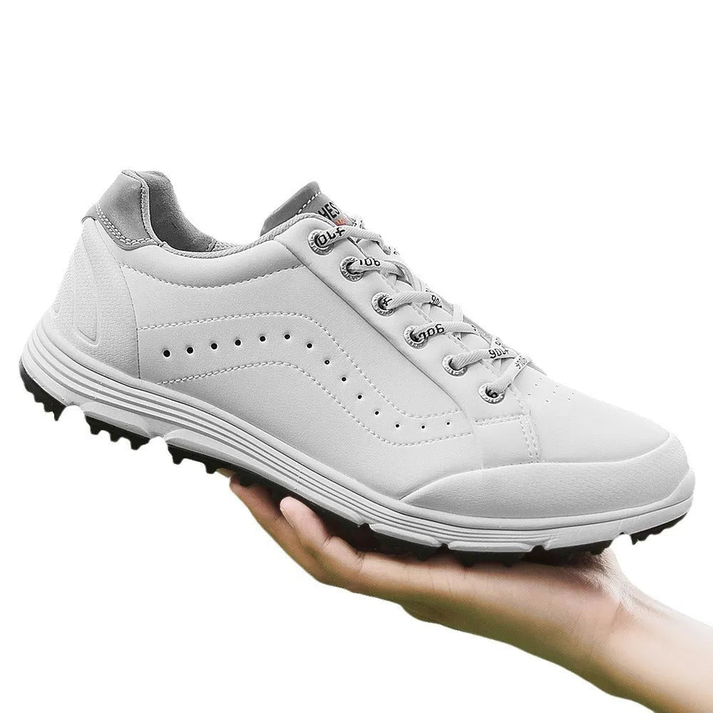 Men's nail-free golf shoes in white, synthetic leather upper, sizes 39 to 48, for golf and hiking