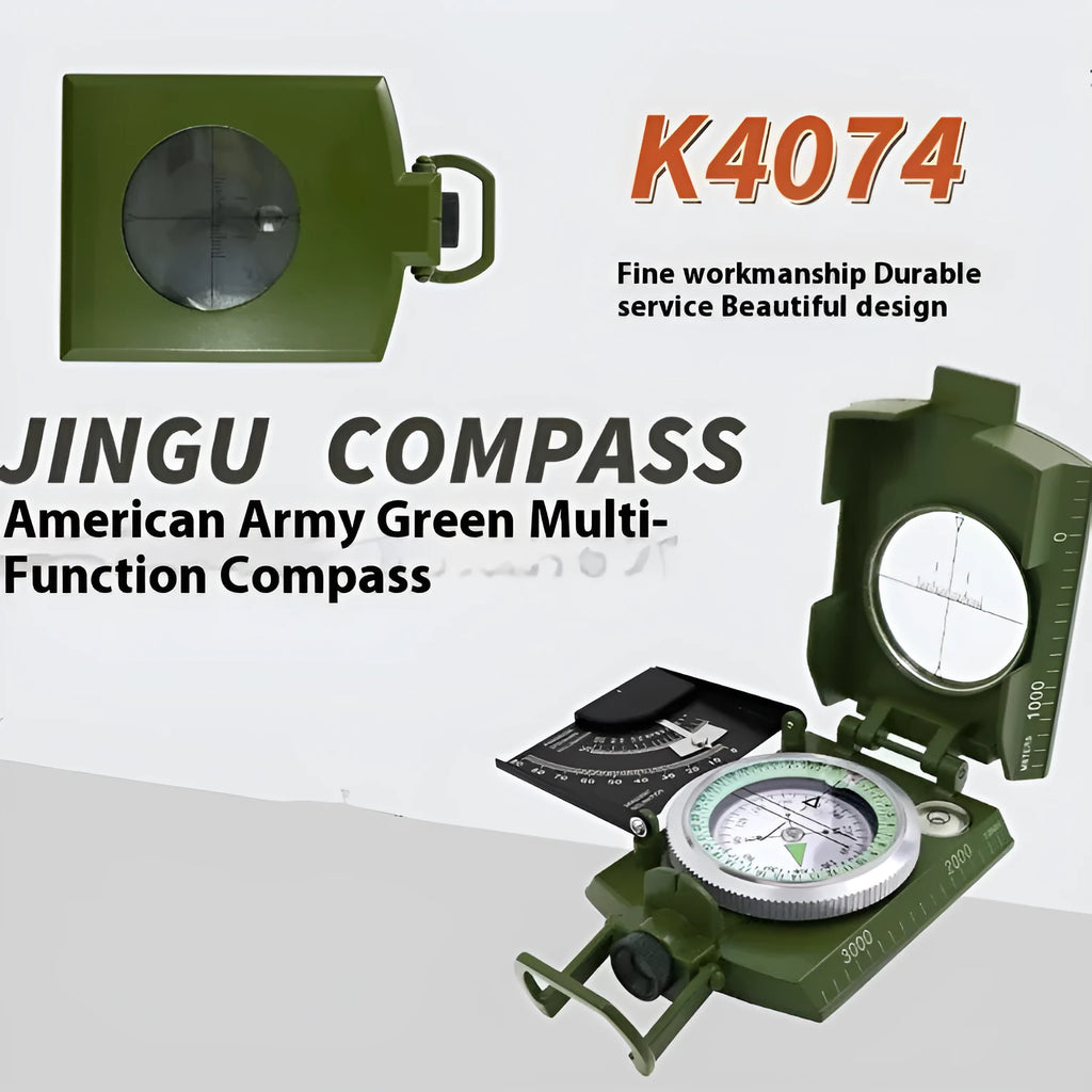 K4074 metal professional outdoor compass with hanging rope, shown with dimensions 10cm by 6.6cm.