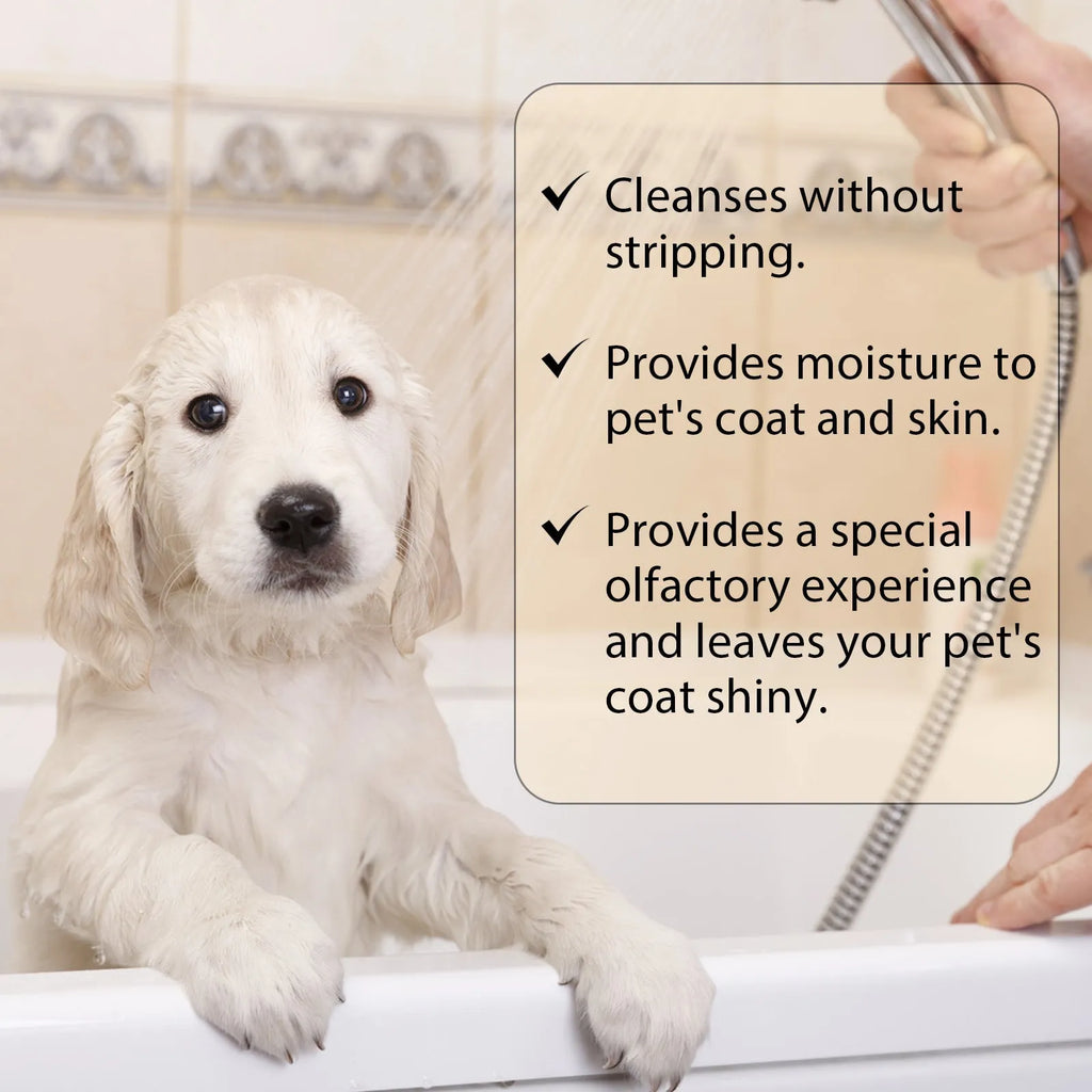 A bottle of mild pet shampoo for cats and dogs, available in 100ml and 300ml sizes.