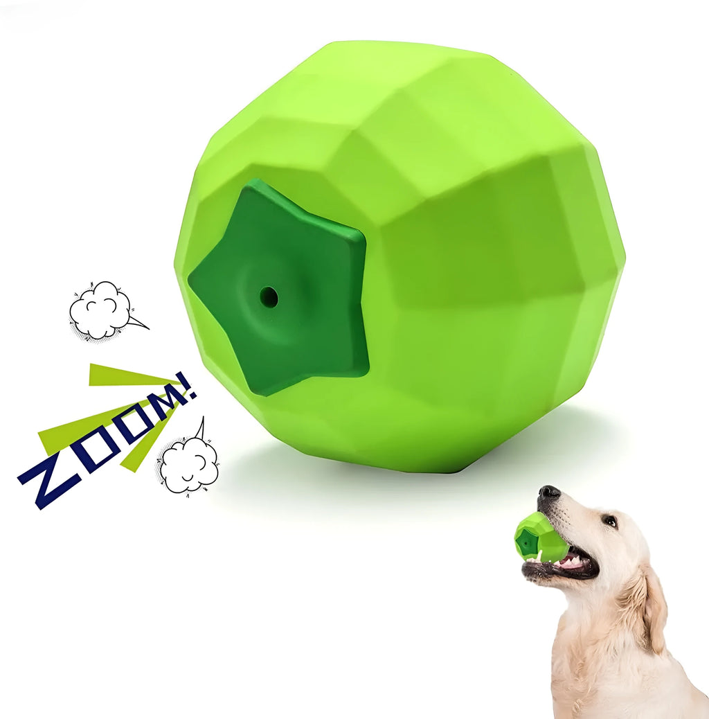 Green natural rubber squeaky chew ball dog toy for large breeds.