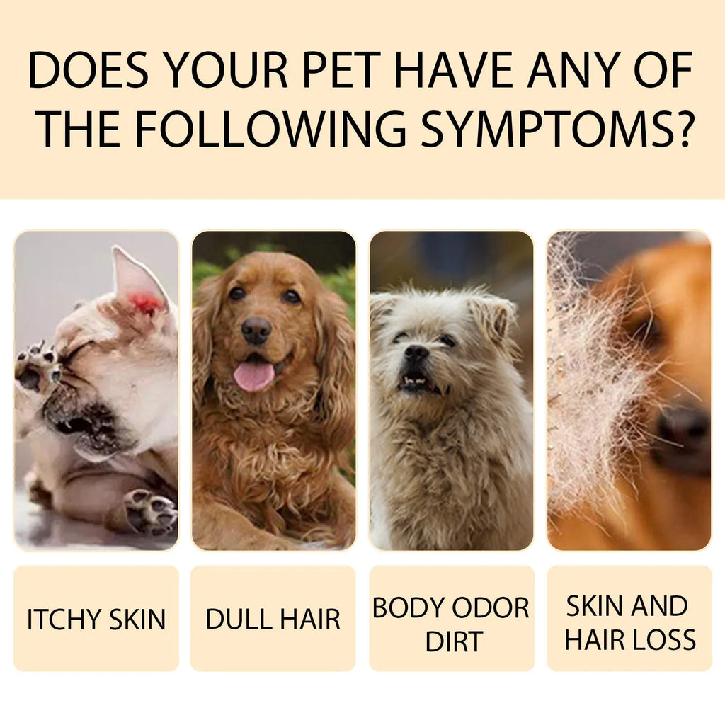 A bottle of mild pet shampoo for cats and dogs, available in 100ml and 300ml sizes.
