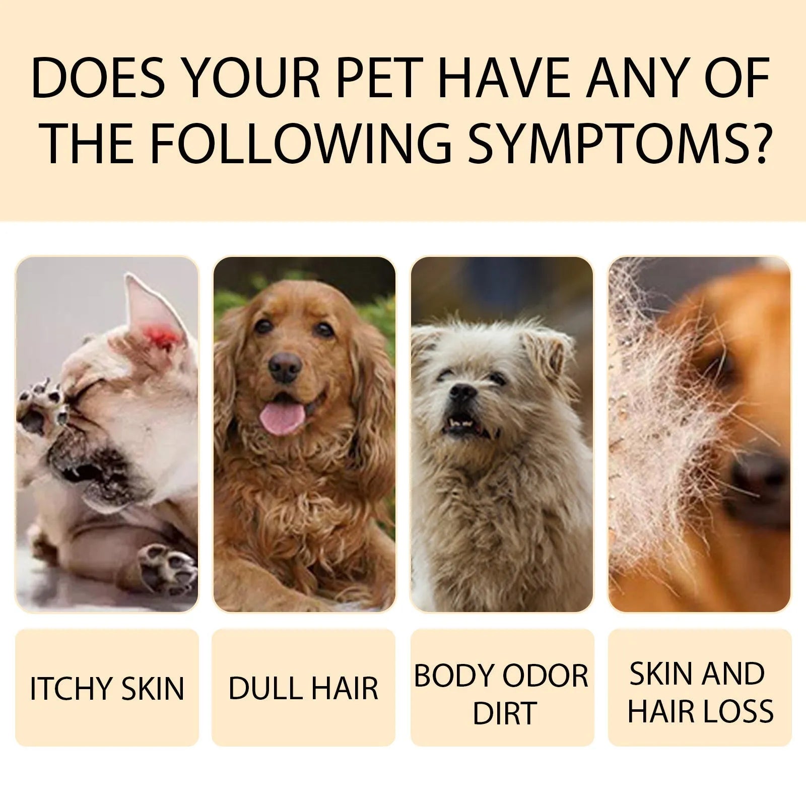 A bottle of mild pet shampoo for cats and dogs, available in 100ml and 300ml sizes.