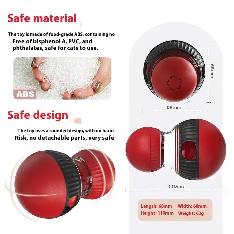Rotating plastic cat toy with food dropping ball and sound elements in super ball colour