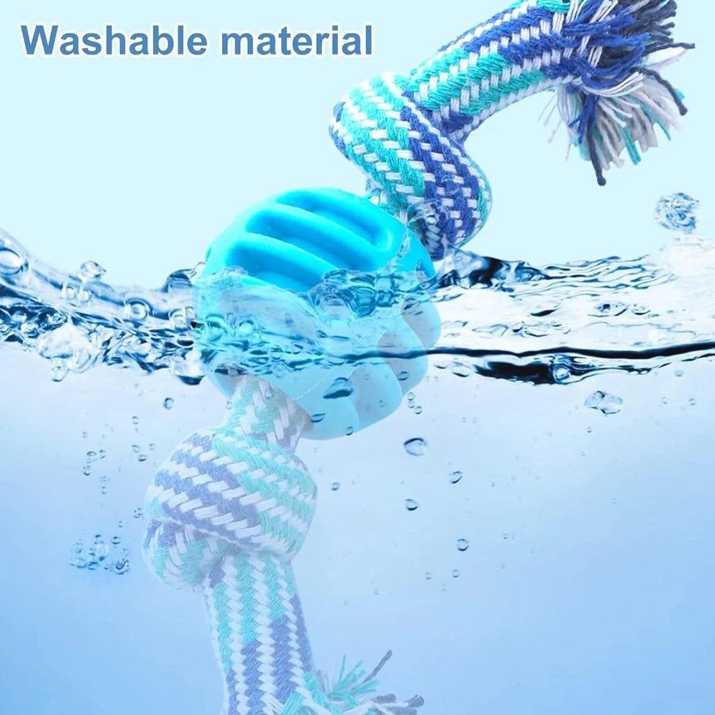 Blue dog chew toy with rope handles and textured surfaces for dental cleaning