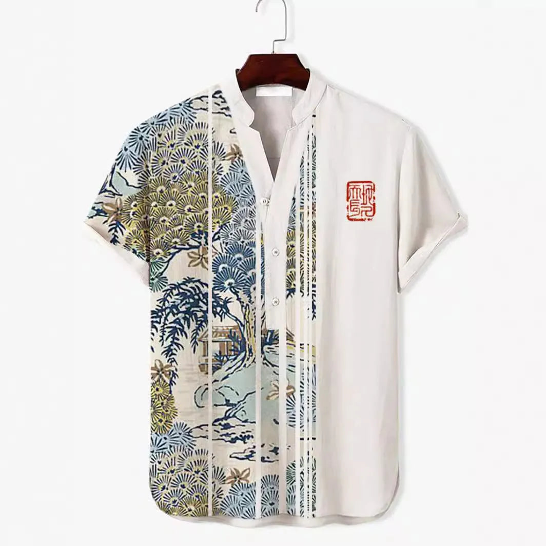Man wearing a short sleeve shirt with a colourful digital animal graphic print on the front.