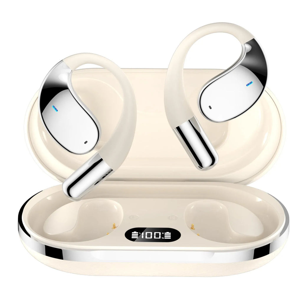 Sports hanging ear Bluetooth earphones in black or beige with digital display screen