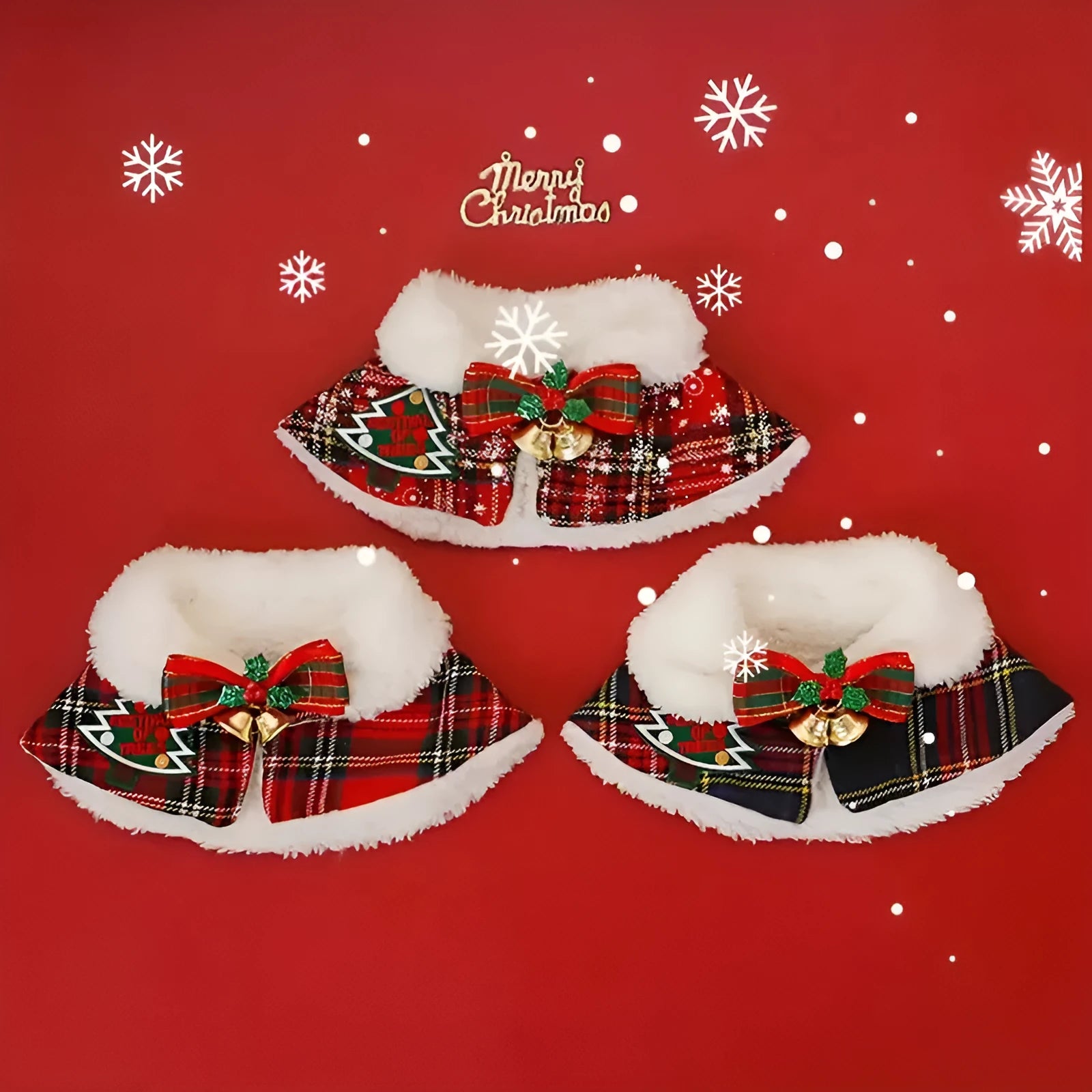 Polyester pet scarf for cats and dogs in festive snowflake and bell designs with red and blue backgrounds