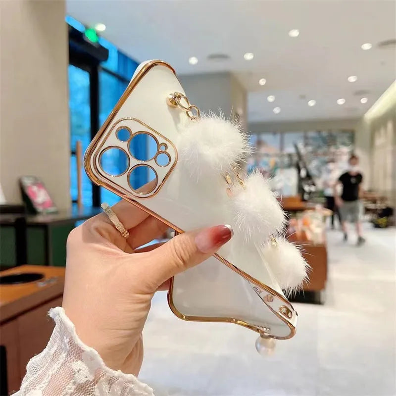 Soft silicone iPhone case with plush bracelet and holder, side love design, electroplated rear cover.
