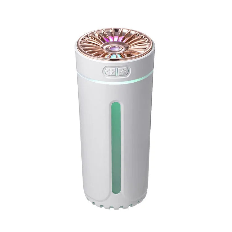 Black USB rechargeable ultrasonic humidifier with LED lights on a car cup holder