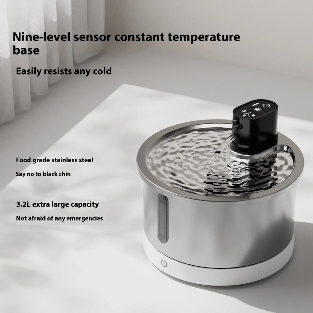 Stainless steel cat and dog water fountain with heating base in black or white colour