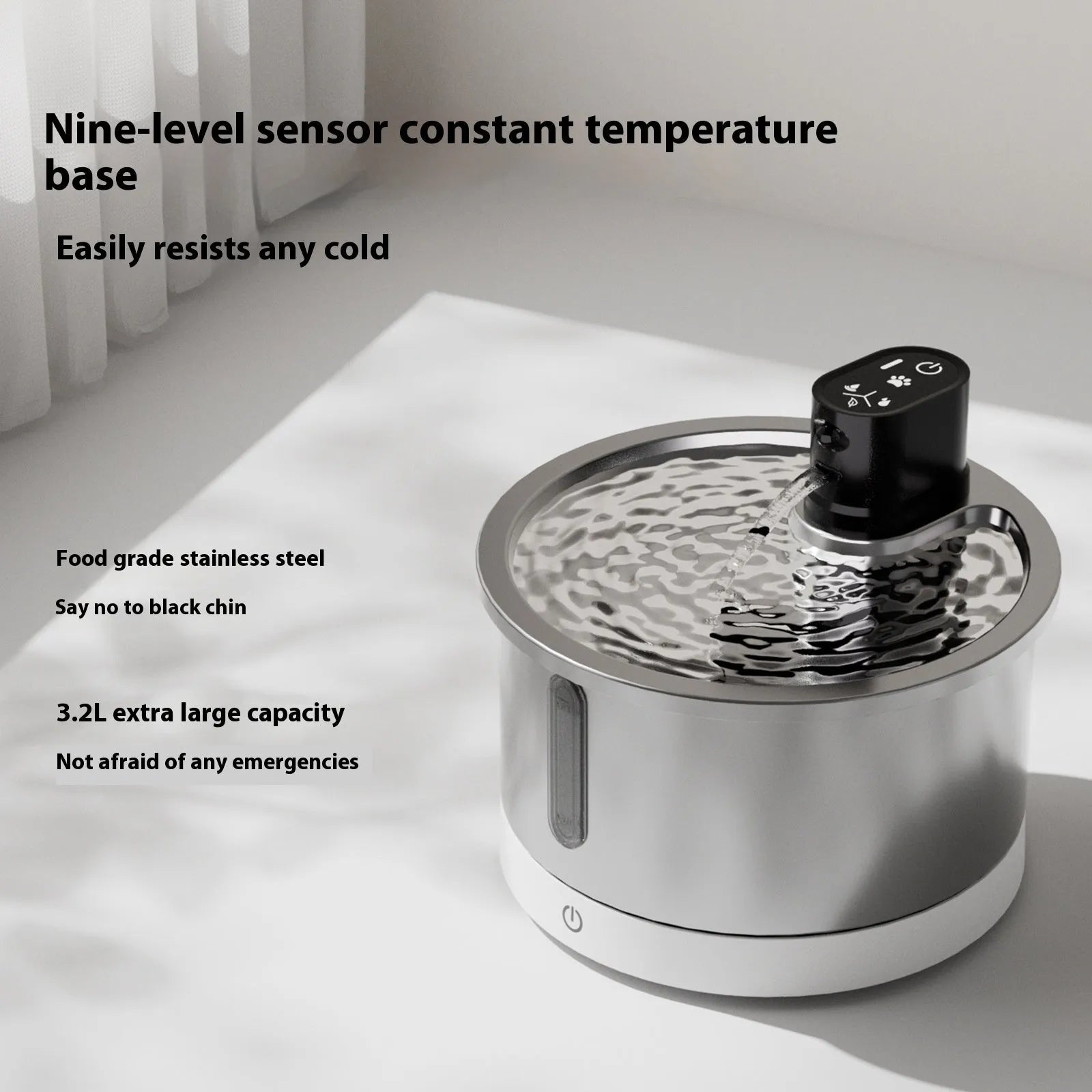 Stainless steel cat and dog water fountain with heating base in black or white colour