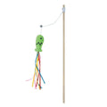 Interactive cat wand toy with colourful ribbons, catnip fish, and bell on a wooden handle