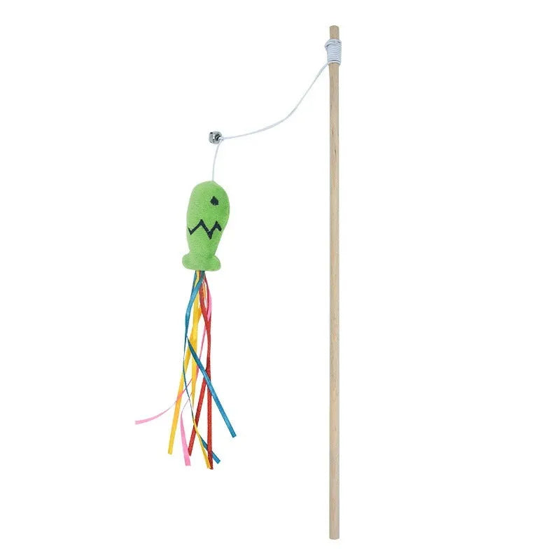 Interactive cat wand toy with colourful ribbons, catnip fish, and bell on a wooden handle