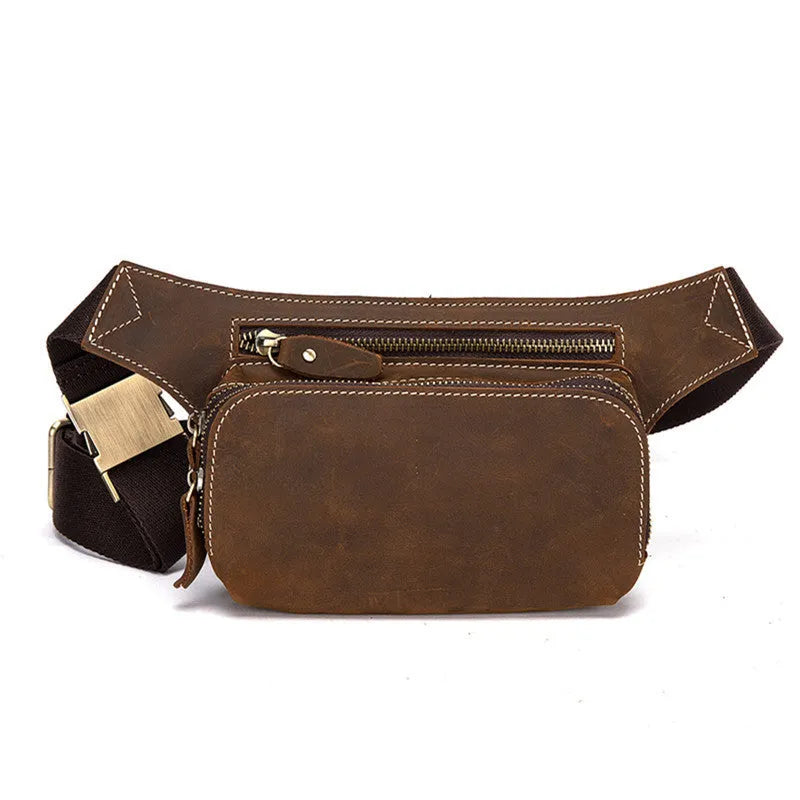 Brown cowhide leather men's sports waist bag with pull closure showing dimensions