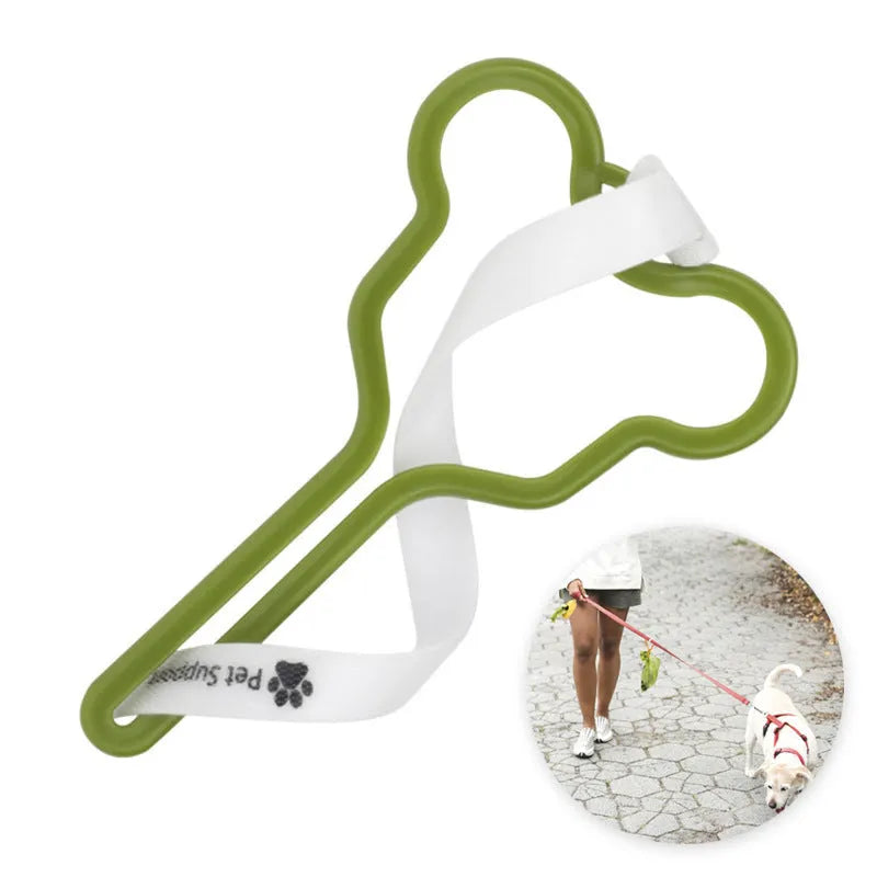 A durable dog poo bag holder with a black Velcro strap, shown attached to a dog lead.