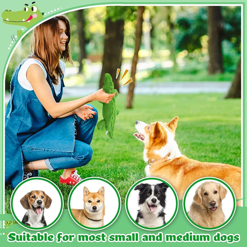 Green crocodile-shaped plush dog chew toy with no-stuffing construction