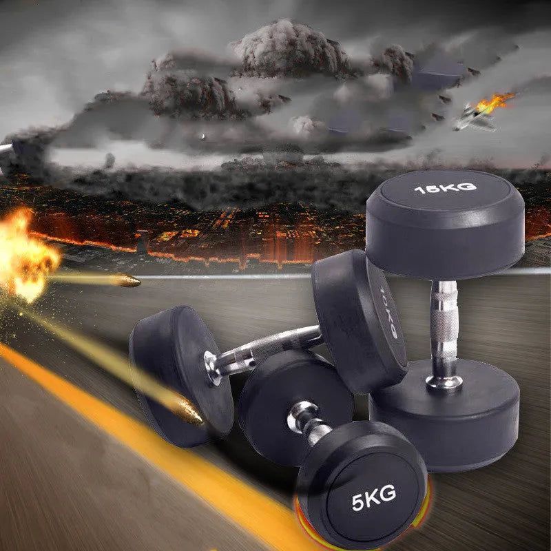 Black cast iron rubberised round head dumbbell, single fitness weight available in 1kg, 2.5kg and 5kg