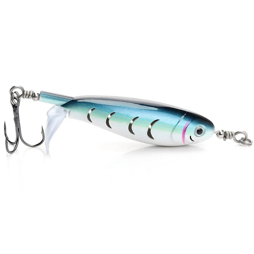 7.5 centimetre long bionic fishing lure in a selection of colours on a blue background.