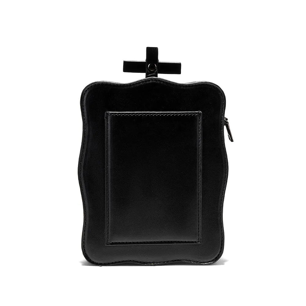 Black Halloween skull mini square messenger crossbody bag with stitching, rivets, chains, and embossing details