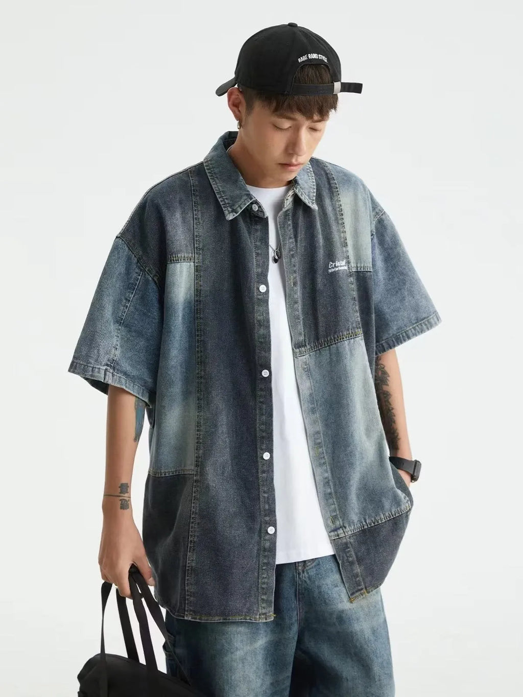 Blue Japanese-style retro denim shirt with washed stitching, loose cardigan design for men