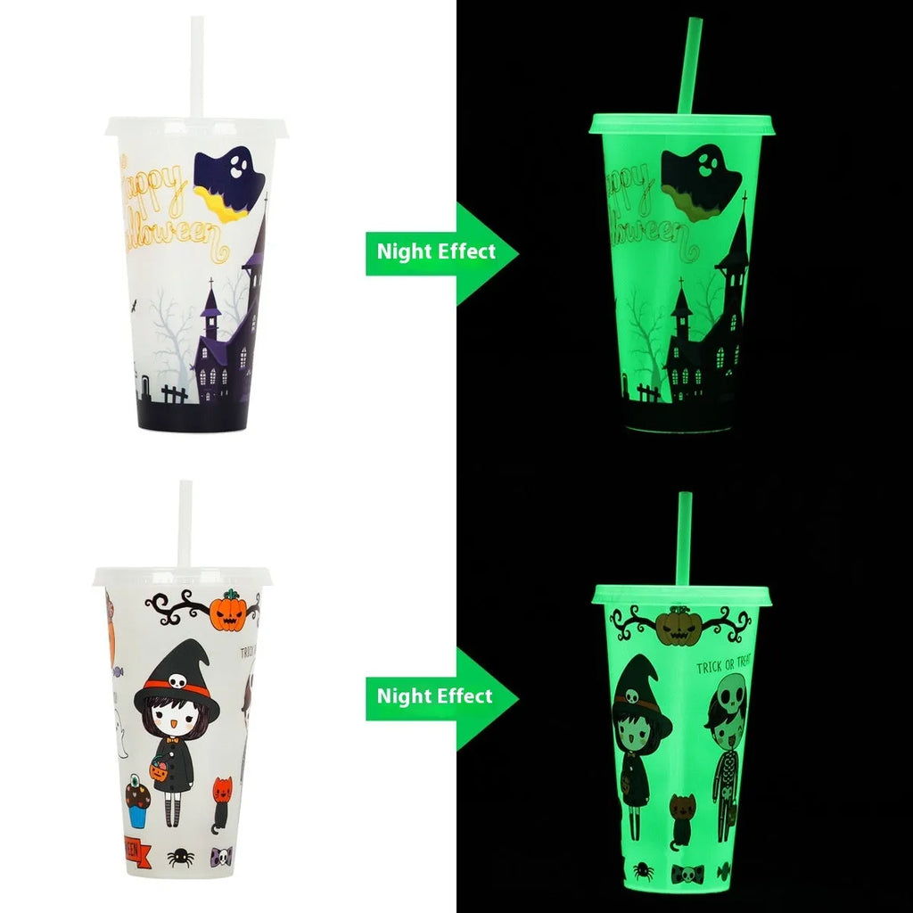 720ml luminous plastic Halloween sippy cup with a straw, cylindrical shape.