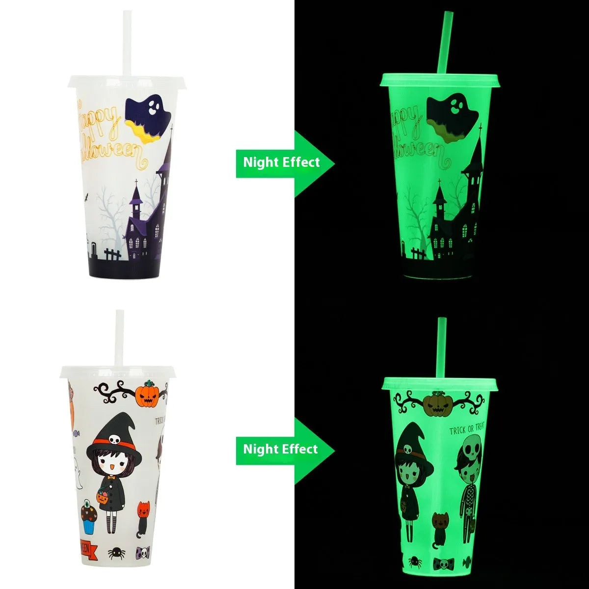 720ml luminous plastic Halloween sippy cup with a straw, cylindrical shape.