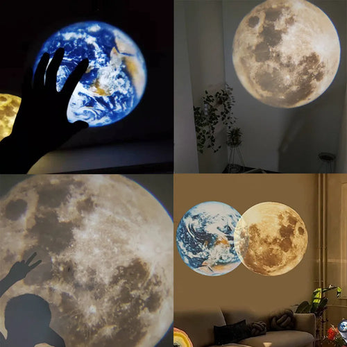 Adjustable earth and moon projection night light with USB cable and bracket