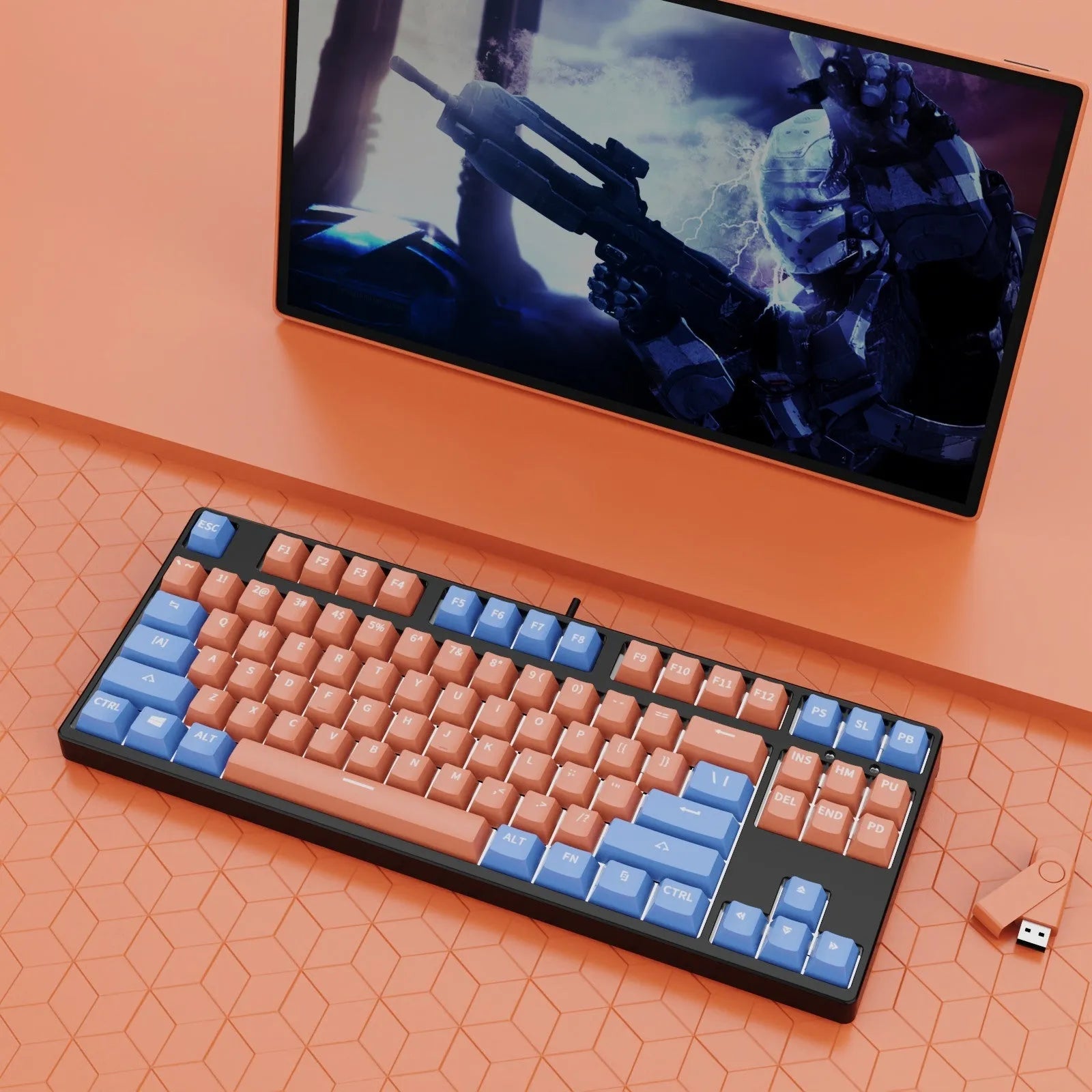 87-key wired mechanical keyboard with two-tone keycaps in orange and yellow colour combination